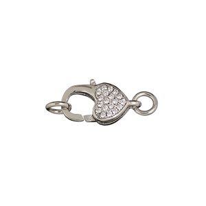 Clasp lobster claw 1pkg1, 15x9mm double-sided / 5mm jump ring , silver-finished brass / cubic zirconia clear 1-strand