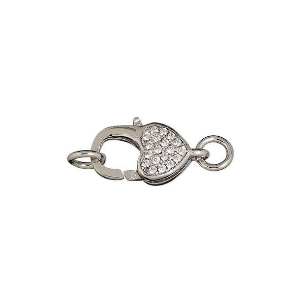 Clasp, lobster claw, cubic zirconia and silver-finished brass, clear, 15x9mm double-sided with heart design and (2) 5mm jump rings. Sold individually. image number 0
