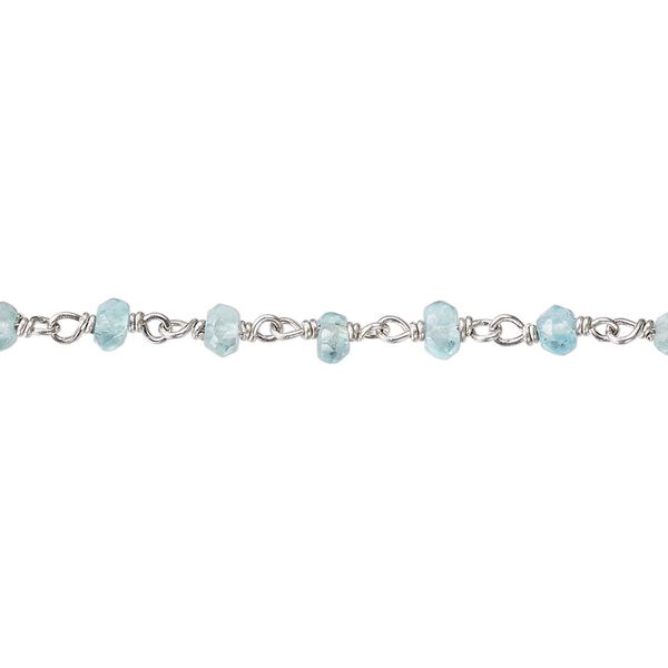 Chain, apatite (natural) and rhodium-plated sterling silver, light, 3.5x2mm-4x2.5mm hand-cut faceted beaded rondelle. Sold per 36-inch strand. image number 0