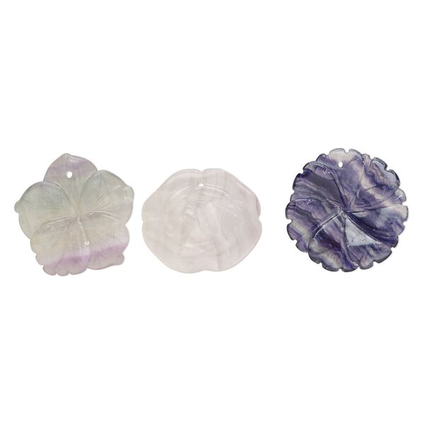 Rainbow fluorite / purple fluorite 1pkg3, top-drilled carved flower drop natural mix 28x23mm-34x29mm image number 0