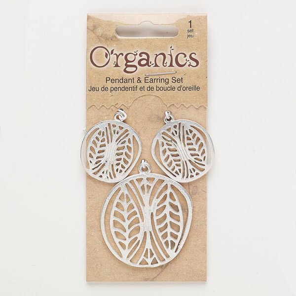 Focal and drop, silver-finished "pewter" (zinc-based alloy), 25x24mm and 38x37mm matte freeform with cutout leaf design. Sold per pkg of 3. image number 0