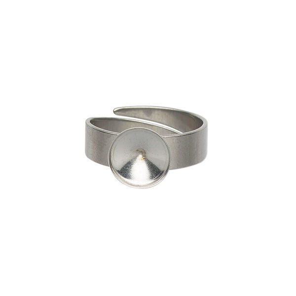 Ring, Almost Instant Jewelry®, stainless steel, 5mm wide with 9mm round and SS39 rivoli setting, adjustable from size 5.5-10. Sold per pkg of 2. image number 0