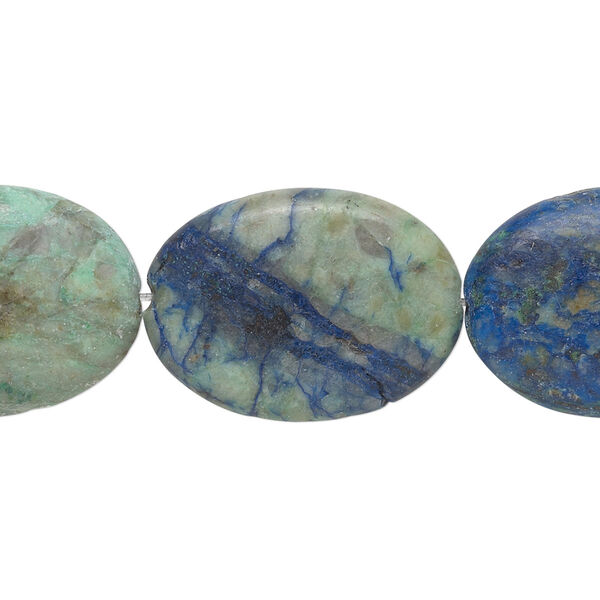 Bead, chrysocolla (stabilized), 25x18mm flat oval, B grade, Mohs hardness 2 to 4. Sold per 8-inch strand, approximately 5 beads. image number 0