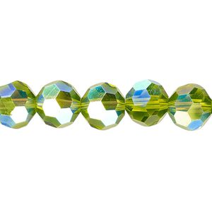 Bead 1pk 32 facets translucent peridot green AB, Celestial Crystal® 10mm round 15.5-16 inch