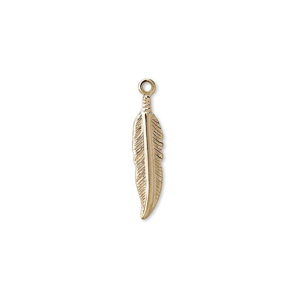 Charm, gold-plated brass, 18x4mm single-sided feather. Sold per pkg of 500. image number 0
