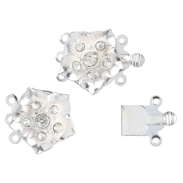 Clasp, 3-strand tab, silver-finished "pewter" (zinc-based alloy) and glass, clear, 15mm flower. Sold per pkg of 2. image number 0