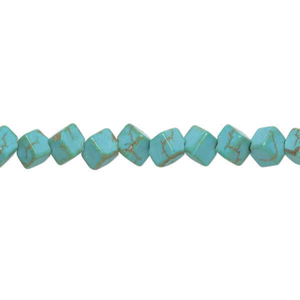 Bead, magnesite (dyed / stabilized), blue-green, 4mm diagonally drilled cube, C grade, Mohs hardness 3-1/2 to 4. Sold per 15-inch strand. image number 0