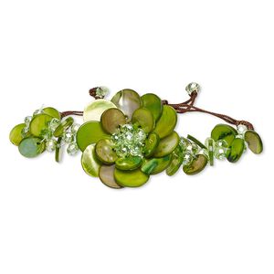 Bracelet, freshwater pearl shell (dyed) / felt / glass / waxed cotton cord, green / brown / white, 45mm flower, adjustable from 6 to 9-1/2 inches with macramé knot closure. Sold individually.