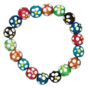 Bracelet, stretch, painted wood, multicolored, 10mm round with flower design, 5 inches. Sold per pkg of 12.