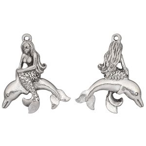 Charm, antiqued pewter (tin-based alloy), 25x23.5mm two-sided mermaid on a dolphin. Sold individually.