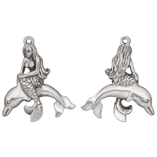 Charm, antiqued pewter (tin-based alloy), 25x23.5mm two-sided mermaid on a dolphin. Sold individually. image number 0