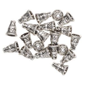 Cone, antique silver-finished "pewter" (zinc-based alloy), 12x9mm beaded cone with 5.5mm hole. Sold per pkg of 20.