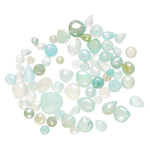 Bead mix, blue chalcedony and green chalcedony (dyed / coated), light to medium, 5x3mm-15mm hand-cut top- and center-drilled faceted mixed shapes with 0.4-1.4mm hole, C+ grade, Mohs hardness 6-1/2 to 7. Sold per 1-ounce pkg, approximately 60-70 beads. image number 0