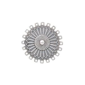 Drop, antiqued sterling silver, pkg/1, 21.5mm single-sided domed round with flower design.