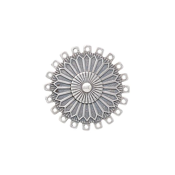 Drop, antiqued sterling silver, pkg/1, 21.5mm single-sided domed round with flower design. image number 0