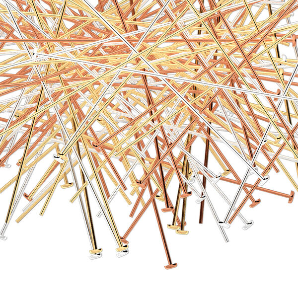 Head pin mix, copper / gold- / silver-plated brass, 2 inches, 24 gauge. Sold per pkg of 144 (1 gross). image number 0