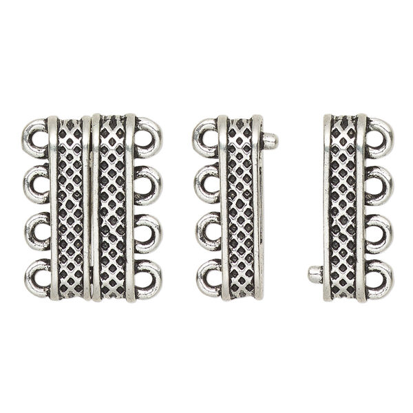 Clasp, 4-strand magnetic, antique silver-finished "pewter" (zinc-based alloy), 20x9mm rectangle with textured design. Sold individually. image number 0