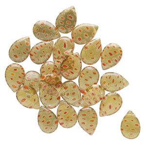 Bead, millefiori glass, translucent yellow-green / white / red-orange, 18x13mm-19x14mm top-drilled puffed teardrop. Sold per pkg of 25.