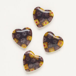 Bead, millefiori glass, translucent dark purple and multicolored, 18-20mm half-drilled puffed heart. Sold per pkg of 4.