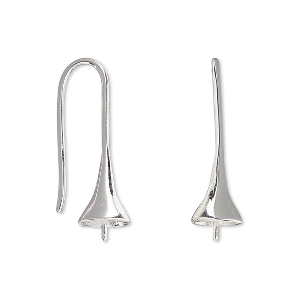 Ear wire, silver-plated brass, 25mm fishhook bell with 3.5mm peg, fits 8-10mm half-drilled bead, 18 gauge. Sold per pkg of 10 pairs. image number 0
