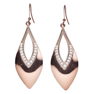 Earring, Czech crystal rhinestone with copper-plated steel and pewter (tin-based alloy), clear, 2-1/2 inches with marquise go-go and fishhook ear wire. Sold per pair.