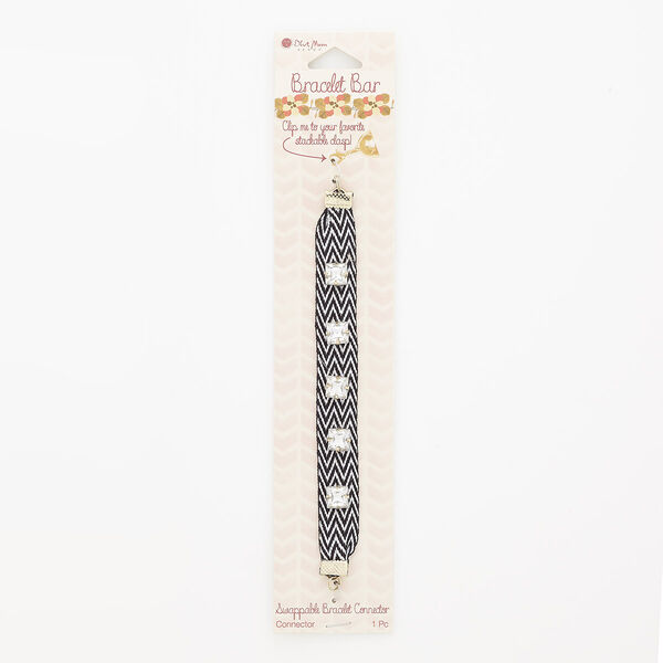 Bracelet component, cotton / acrylic / gold-finished steel, clear / white / black, 14mm faceted square, 6 inches with zig zag design. Sold individually. image number 0