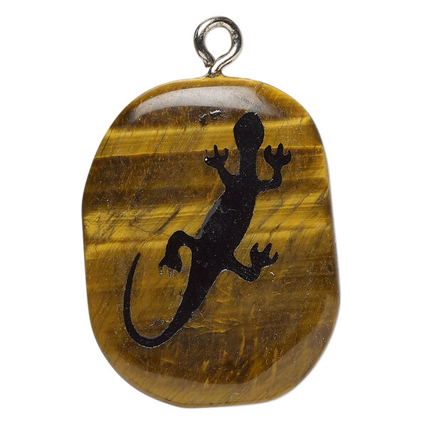 Drop 1pkg1 tigereye / enamel / steel, 28x23-38x28mm single-sided freeform oval / lizard B- grade, natural / silver finish image number 0