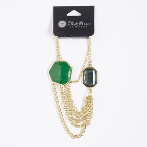 Necklace, acrylic / gold-finished "pewter" (zinc-based alloy) / steel, green, 18 inches with lobster claw clasp and 3-inch extender chain. Sold individually.