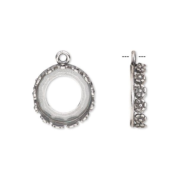 Drop, JBB Findings, antique silver-plated brass, 16mm round with open back and flower design trim, 14mm round bezel setting. Sold per pkg of 2. image number 0