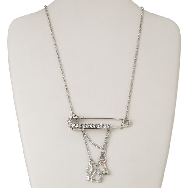 Necklace, antiqued silver-finished "pewter" (zinc-based alloy) and steel and glass rhinestone, clear, 69x15mm safety pin with assorted drops, 32 inches with lobster claw clasp. Sold individually. image number 0