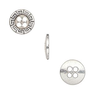 Button, antiqued silver-finished "pewter" (zinc-based alloy), 12mm single-sided flat round with Greek key design. Sold per pkg of 50.