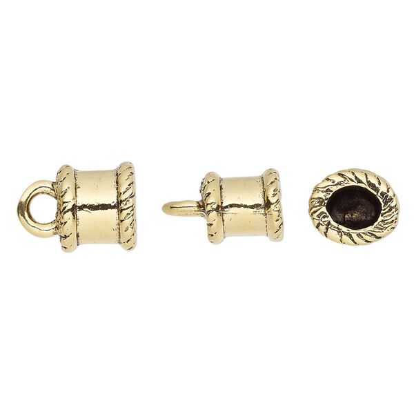 Cord end, antique gold-plated pewter (tin-based alloy), 9x8mm oval, 5x4mm inside diameter. Sold per pkg of 2. image number 0