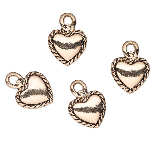 Charm, antique gold-finished "pewter" (zinc-based alloy), 12x11mm heart with rope edge. Sold per pkg of 4. image number 0