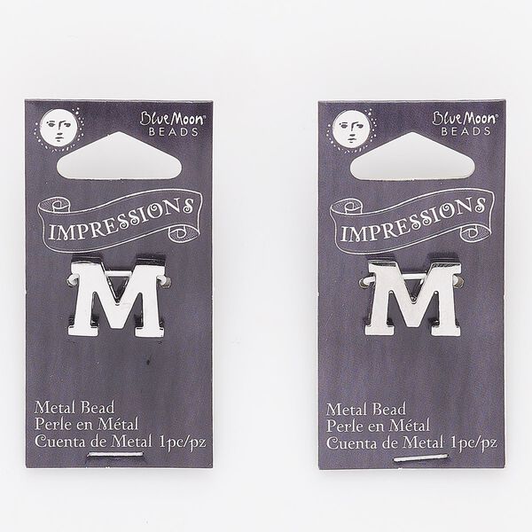 Drop, silver-finished "pewter" (zinc-based alloy), 16x13mm alphabet letter "M." Sold per pkg of 2. image number 0