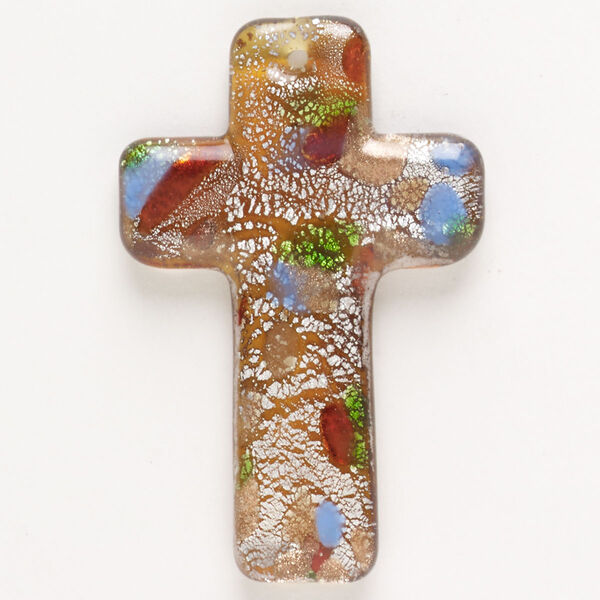 Focal, lampworked glass, pkg/1, opaque amber/blue/green with silver-colored foil and copper-colored glitter, 50x32mm-51x34mm top-drilled puffed cross. image number 0
