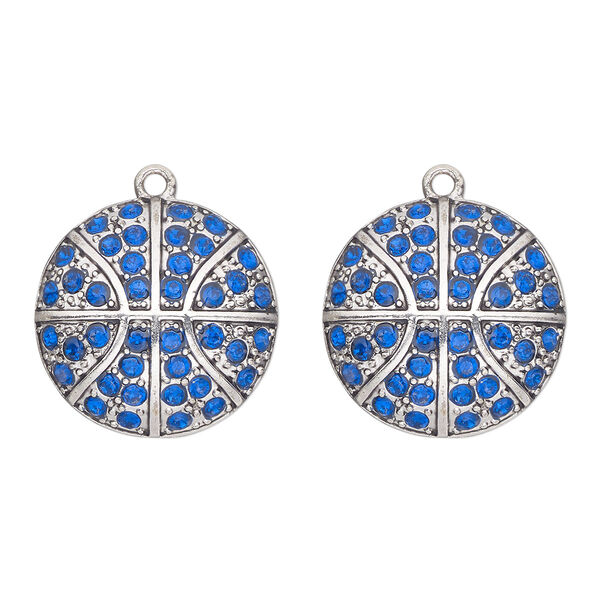 Charm, antique silver-finished "pewter" (zinc-based alloy) and glass, blue, 24mm single-sided basketball. Sold per pkg of 2. image number 0