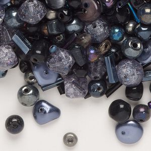 Bead mix, glass / plastic / acrylic / mother-of-pearl shell (dyed), opaque and translucent luster black / grey / peacock AB, 3x2mm-8x4mm mixed shapes. Sold per 100-gram pkg, approximately 1100 beads.