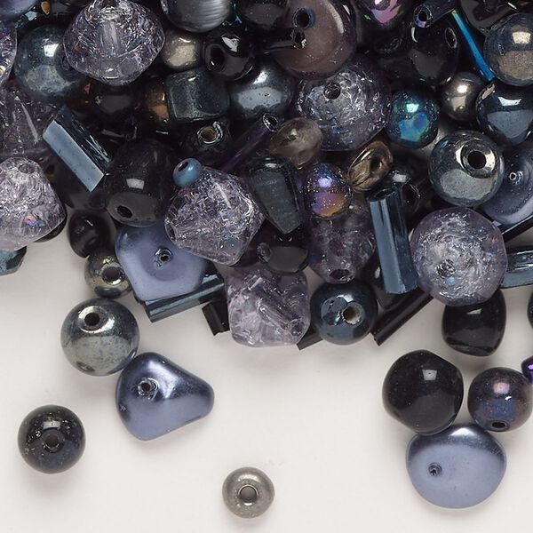Bead mix, glass / plastic / acrylic / mother-of-pearl shell (dyed), opaque and translucent luster black / grey / peacock AB, 3x2mm-8x4mm mixed shapes. Sold per 100-gram pkg, approximately 1100 beads. image number 0