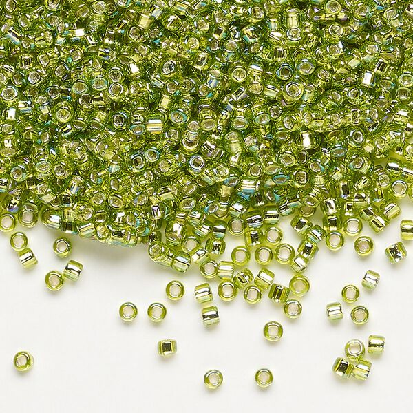 Seed bead, Dyna-Mites™, glass, pkg/40g, #11 round, translucent silver-lined rainbow light green, (78R:SR 11/0 SR). image number 0