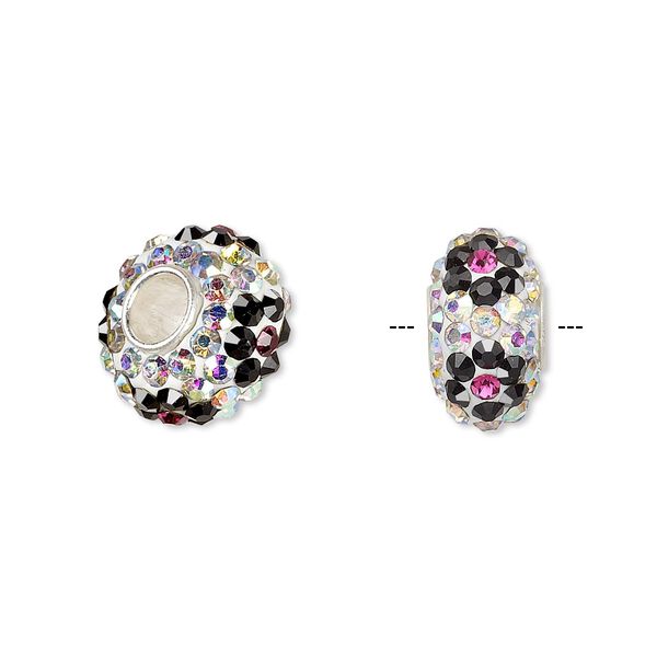 Bead, Dione®, Czech glass rhinestone / epoxy / sterling silver grommets, multicolored, 14x8mm rondelle with flower design, 4.5mm hole. Sold individually. image number 0