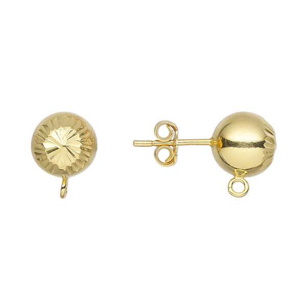 Earstud, gold-finished sterling silver, 8mm diamond-cut ball with loop. Sold per pair. image number 0