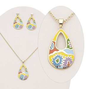 Necklace and earring set, Everyday Jewelry, enamel / Czech glass rhinestone / gold-plated brass, multicolored, 35x22mm teardrop with flower design, 16 inches with 2-inch extender chain and lobster claw clasp, 45mm earrings with post. Sold per set.