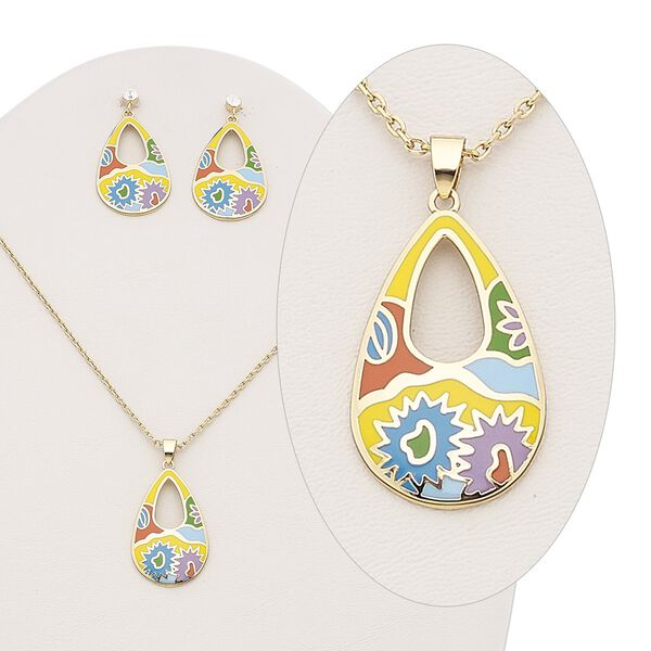 Necklace and earring set, Everyday Jewelry, enamel / Czech glass rhinestone / gold-plated brass, multicolored, 35x22mm teardrop with flower design, 16 inches with 2-inch extender chain and lobster claw clasp, 45mm earrings with post. Sold per set. image number 0
