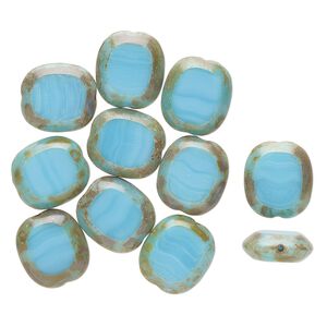 Bead, Czech glass, opaque brown and blue travertine, 14x13mm flat pillow. Sold per pkg of 11.