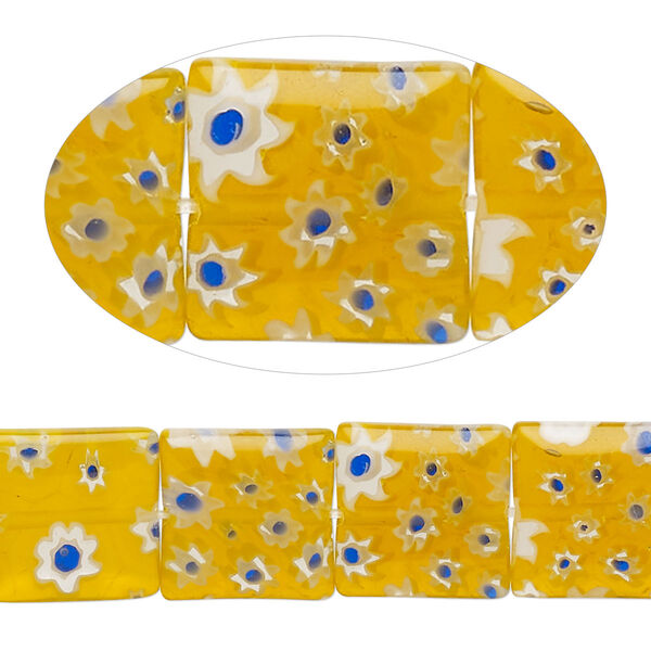 Bead, millefiori glass, translucent golden yellow / cobalt blue / white, 12mm puffed square with flower design. Sold per 14-inch strand. image number 0