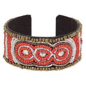 Bracelet, cuff, acrylic / cotton / glass / plastic sequin / steel, iridescent multicolored, 31mm wide with oval and line stripe design, adjustable from 6-1/2 to 7 inches. Sold individually.