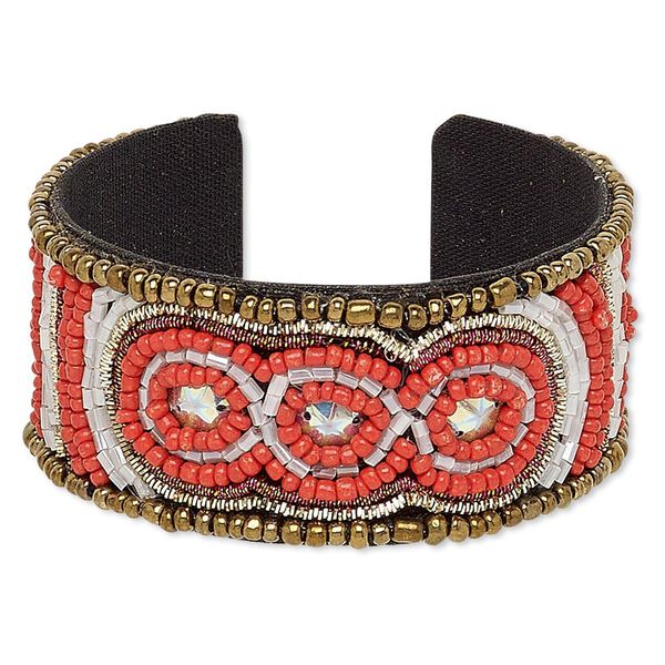 Bracelet, cuff, acrylic / cotton / glass / plastic sequin / steel, iridescent multicolored, 31mm wide with oval and line stripe design, adjustable from 6-1/2 to 7 inches. Sold individually. image number 0