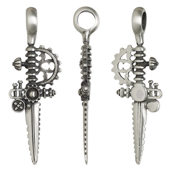 Pendant, Powerful Pewter Pendants, antiqued pewter (tin-based alloy), 62x21mm 3D steampunk dagger with 6mm hole. Sold individually. image number 0