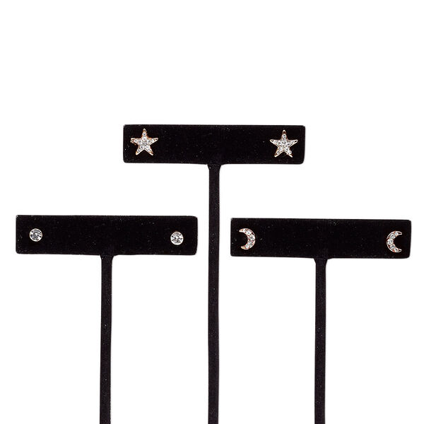 Earring, glass rhinestone / stainless steel / rose gold-finished steel / "pewter" (zinc-based alloy), clear, 4x4mm round / 8x5mm moon / 10x10mm star with post. Sold per pkg of 3 pairs. image number 0