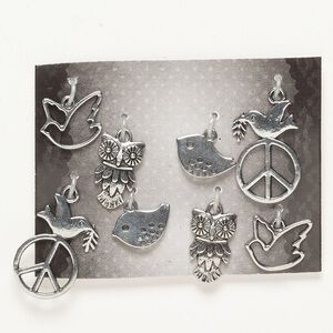 Charm assortment brass 8pk 15x10mm-24x16mm mixed bird shapes, antique silver finish